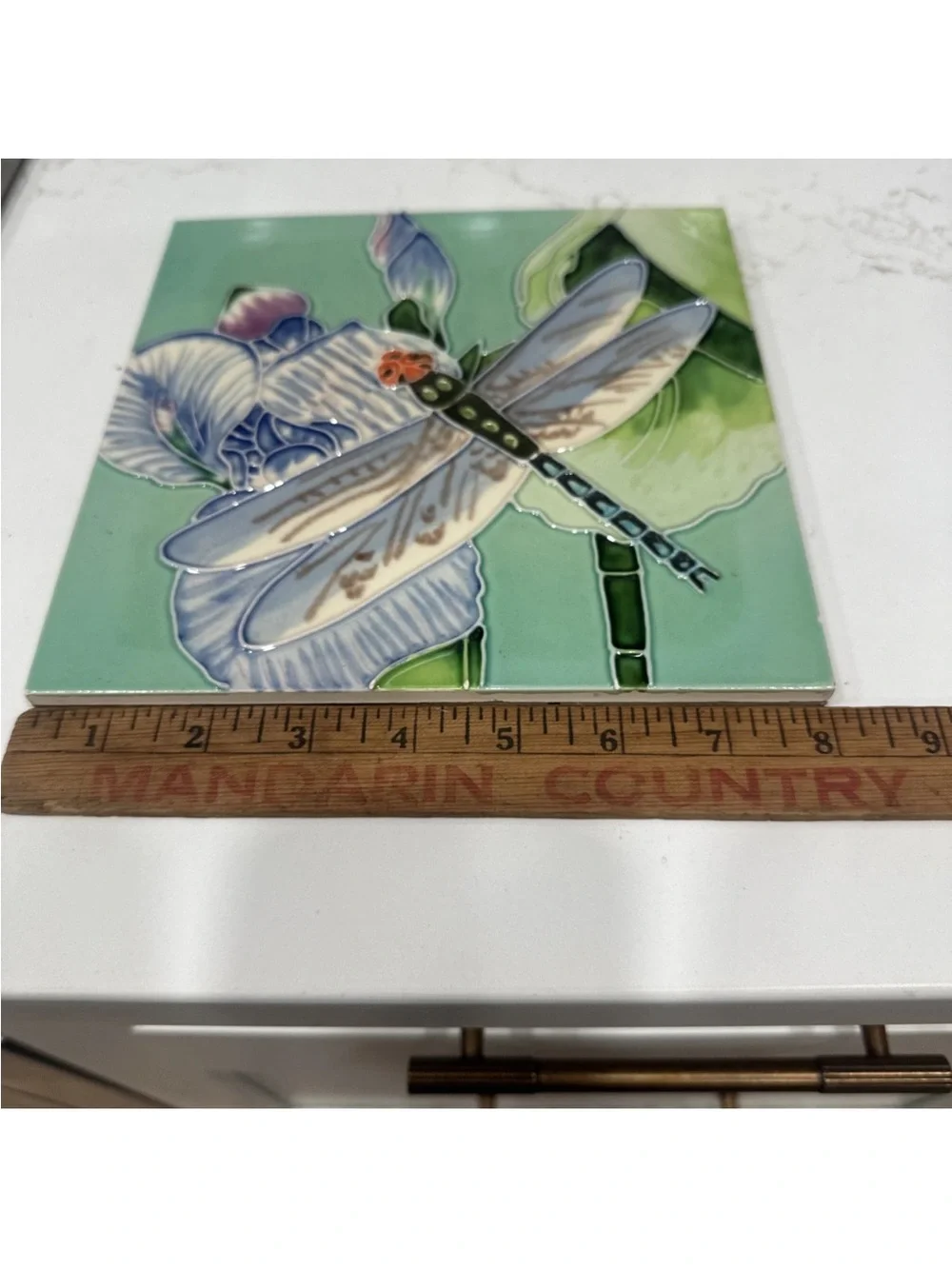 Ceramic Vintage Hand Painted Art Tile w/ Dragonfly Design Wall Hanging 8”x8”